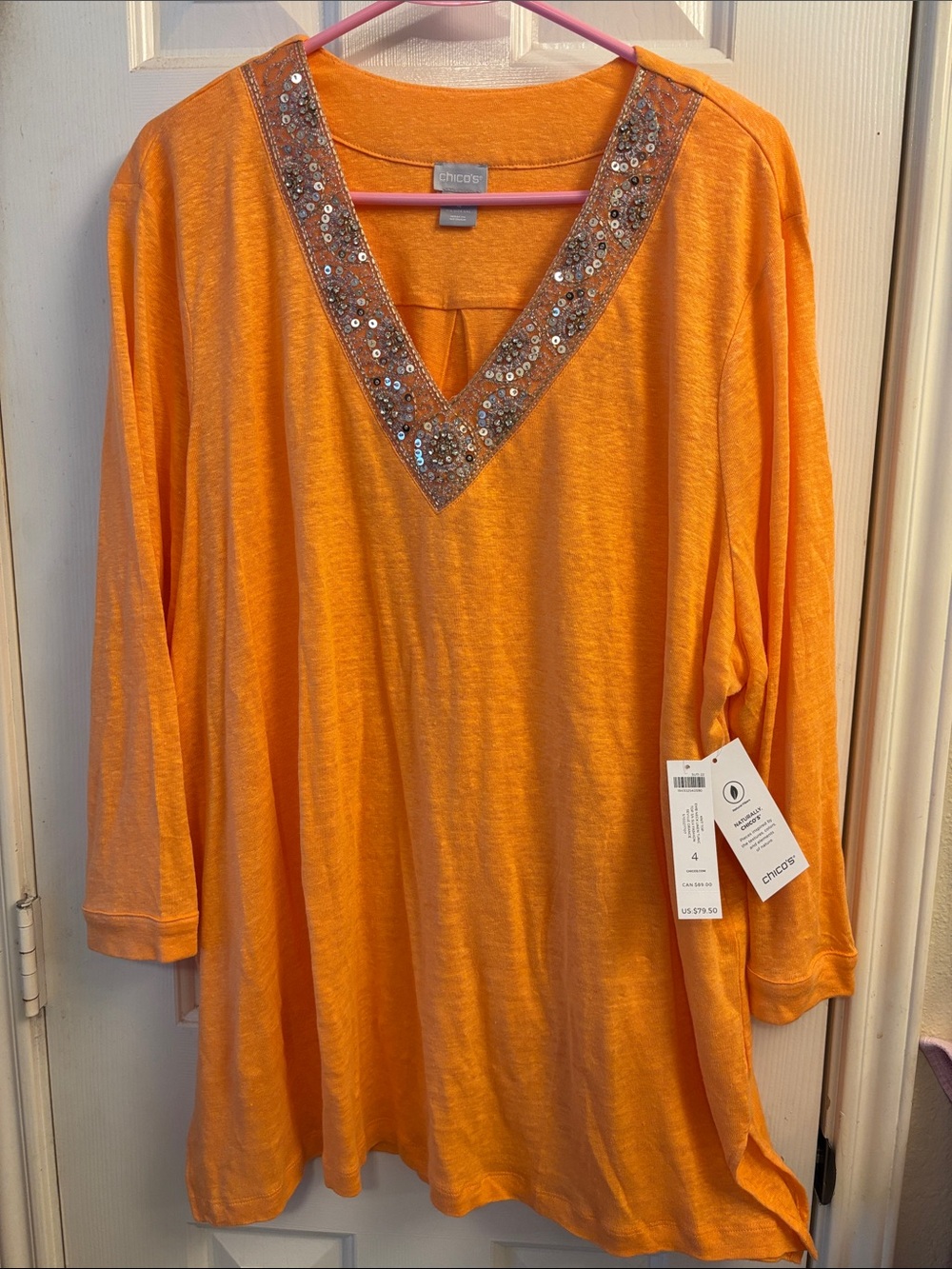 Chico's Orange V-Neck Tunic with Sequin Trim